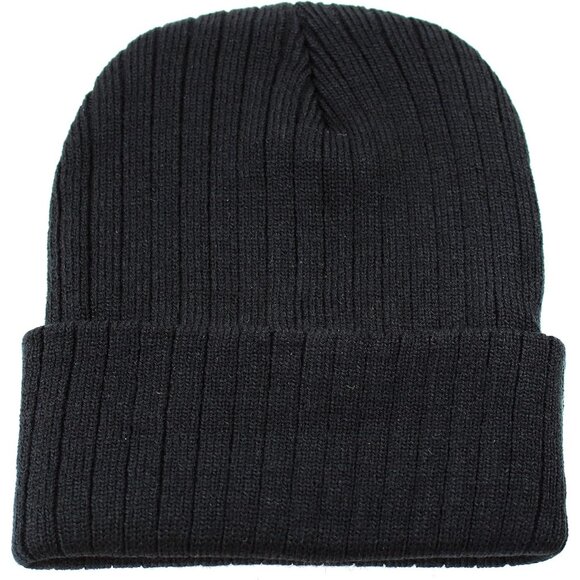 Accessories - Warm Unisex Knit Beanie Hat - Stretchable Cuffed Skull Cap in Ribbed Black